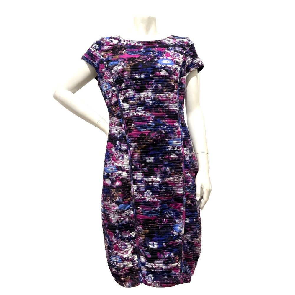 CACHE Y2K 90's VTG Pleated Floral Multi-color Stretch Ruche Bodycon Dress EUC 14